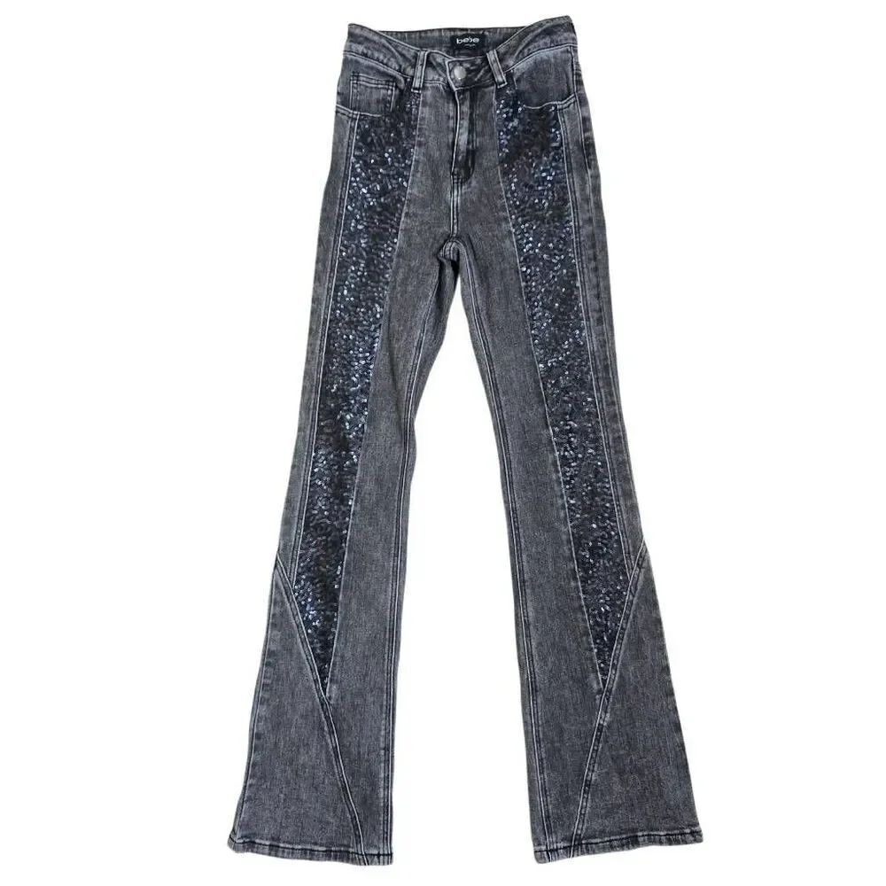 Bebe High Waist Sequin Trim Flared Jeans 25 Acid Wash Charcoal Gray Y2K 0